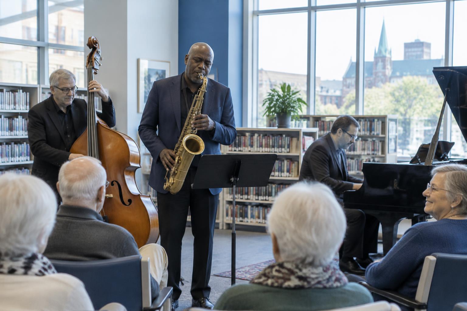 Illustrative scene of jazz musicians performing for a community audience
